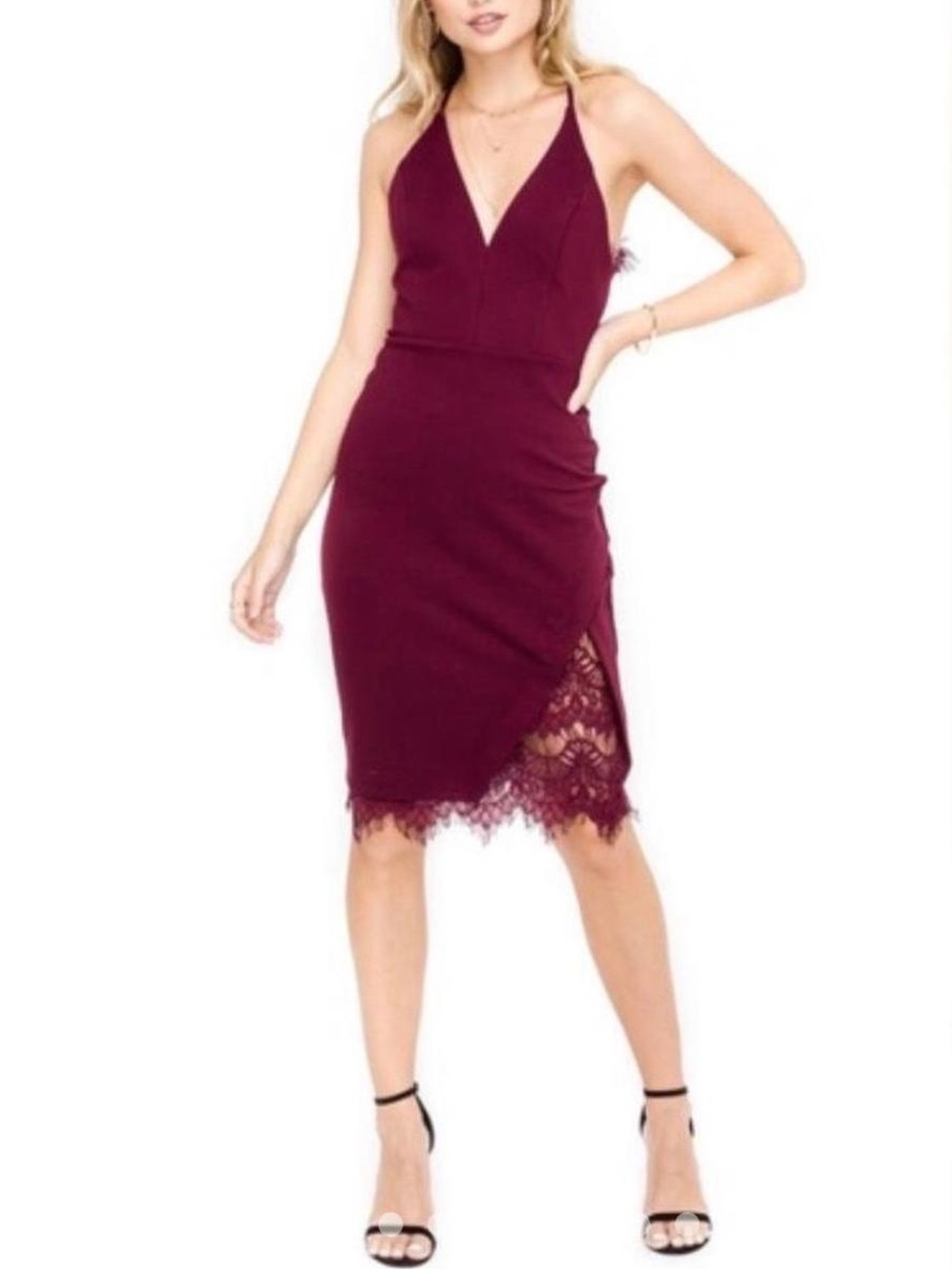 Astr Sleeveless V-Neck Lace-Hem Midi Dress - Wine